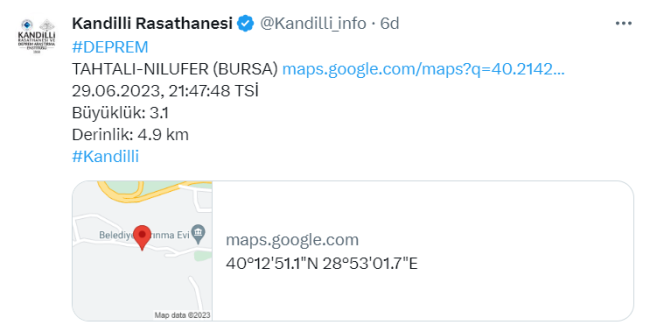 Bursa'da 3.1 büyüklüğünde deprem!