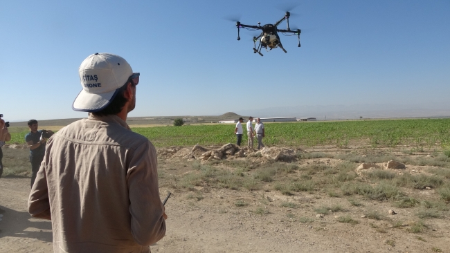 Niğde'de tarlalar dron ile ilaçlanıyor