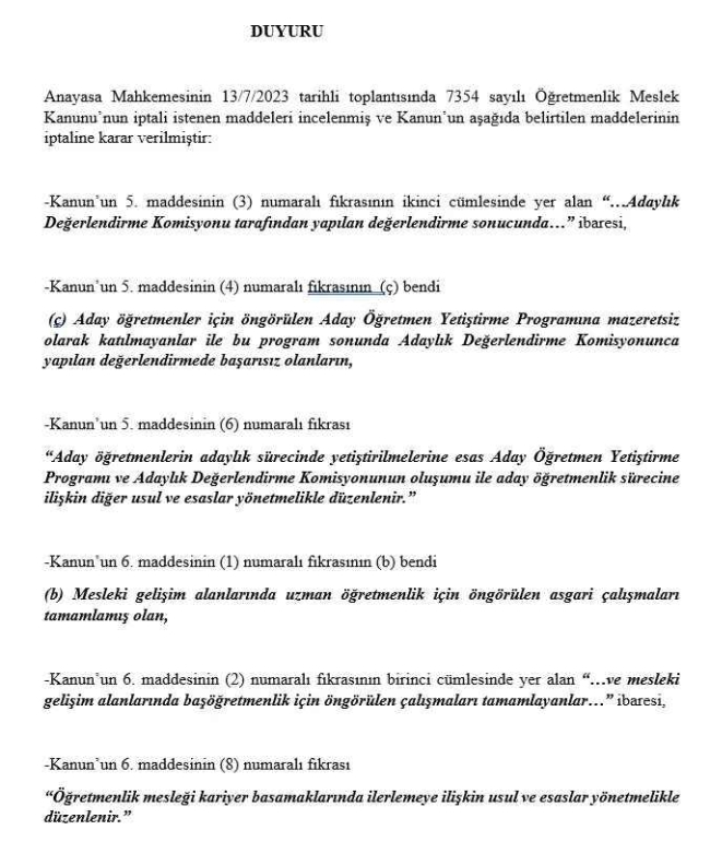 AYM, Öğretmenlik Meslek Kanunu'nun bazı hükümlerini iptal etti