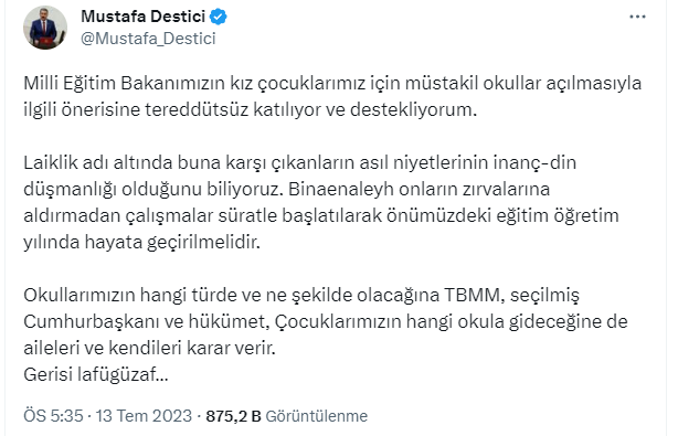 Destici'den Milli Eğitim Bakanı Yusuf Tekin'e destek