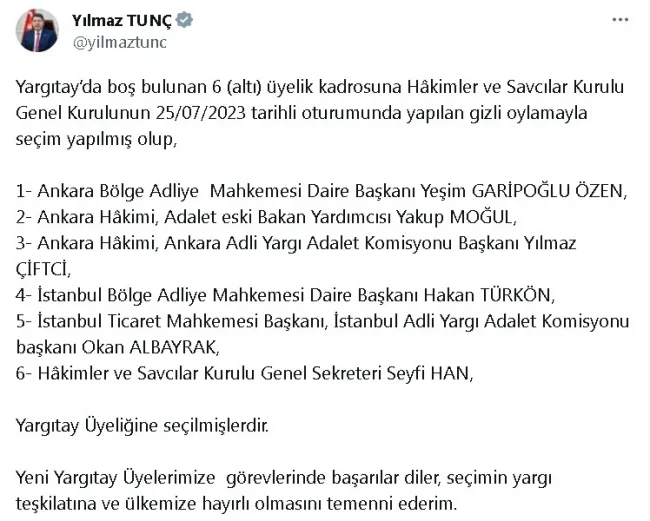 Yargıtay'a 6 yeni üye seçildi