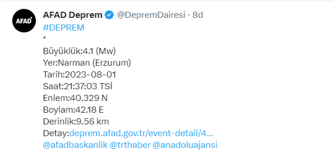 Erzurum'da 4.1 büyüklüğünde deprem!