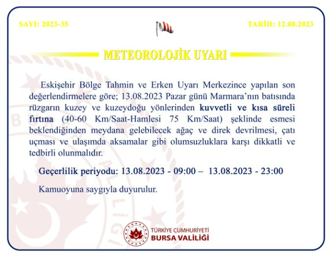 Valilikten Bursa için fırtına uyarısı