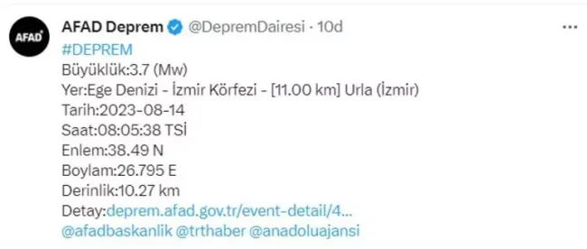 İzmir Körfezi'nde deprem