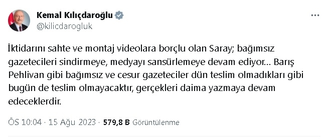 Kılıçdaroğlu'ndan Barış Pehlivan'ın tutuklanmasına tepki