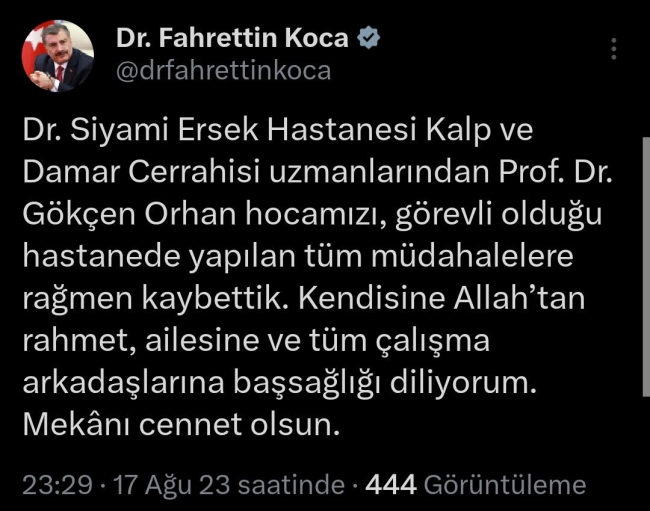 Bakan Koca: Prof. Dr. Gökçen Orhan hocamızı kaybettik