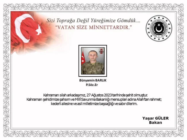 Pençe-Kilit Harekâtı bölgesinde 1 asker şehit oldu