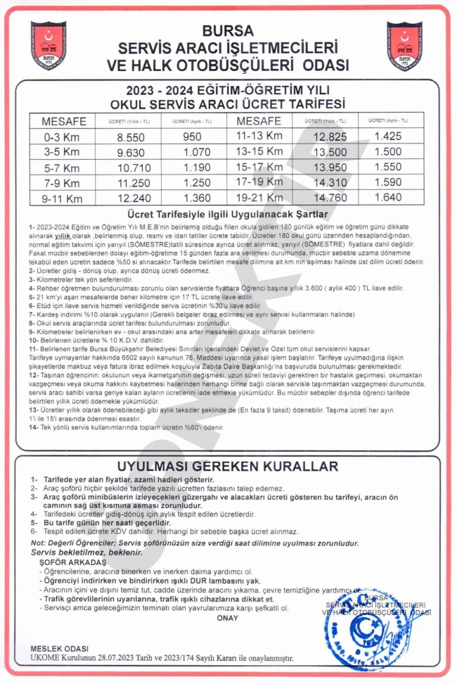 Bursa'da okul servisi ücretleri belli oldu