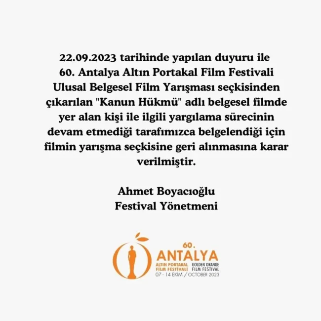 Kültür ve Turizm Bakanlığı, Antalya Altın Portakal Film Festivali'nden çekildiğini açıkladı