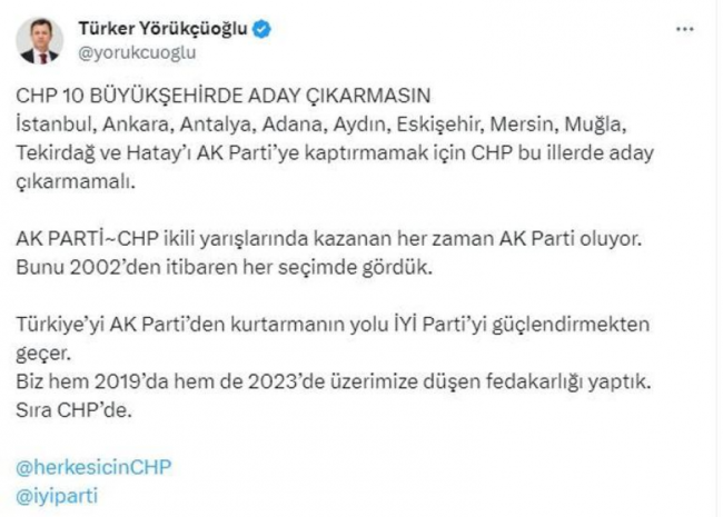 İYİ Parti'den CHP'ye '10 ilde aday çıkarmayın' teklifi!
