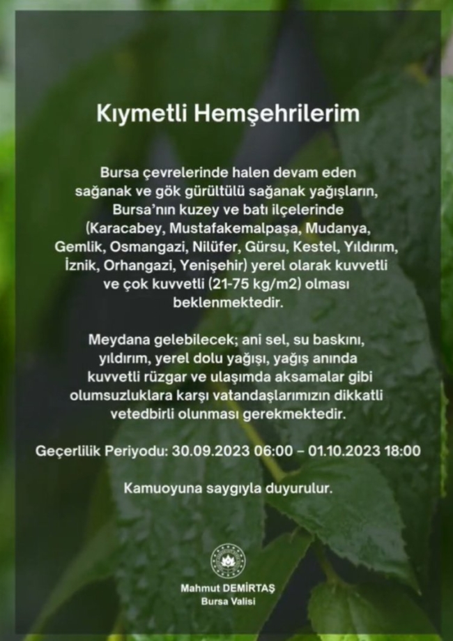 Bursa Valiliği'nden yağış uyarısı!