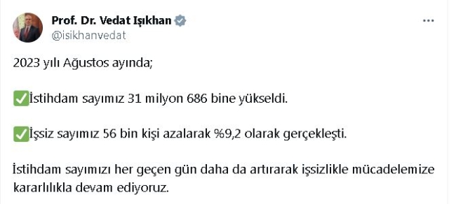 Bakan Işıkhan: "İşsizlikle mücadelemize devam ediyoruz"