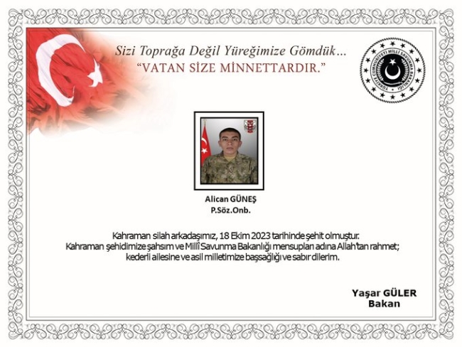 Pençe-Kilit Harekâtı bölgesinde 1 asker şehit oldu