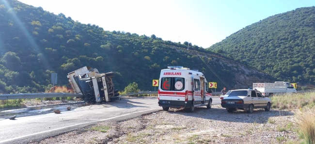 Kontrolden çıkan kamyon şarampole devrildi