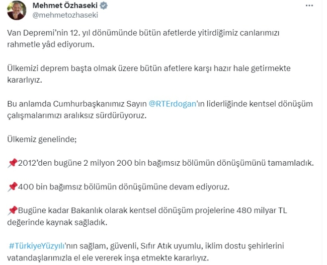 Bakan Özhaseki: "Türkiye Yüzyılı'nın sağlam şehirlerini inşa edeceğiz"