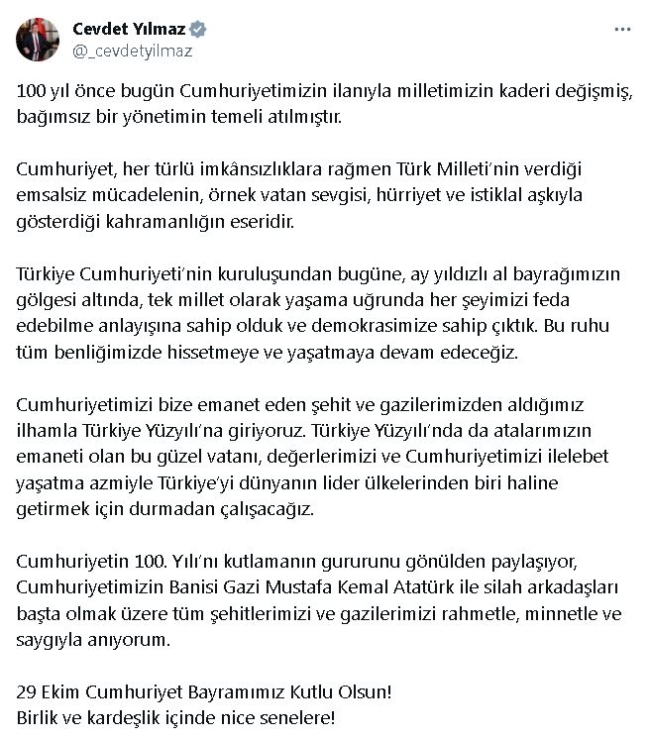 Cevdet Yılmaz'dan 'Cumhuriyet Bayramı' mesajı