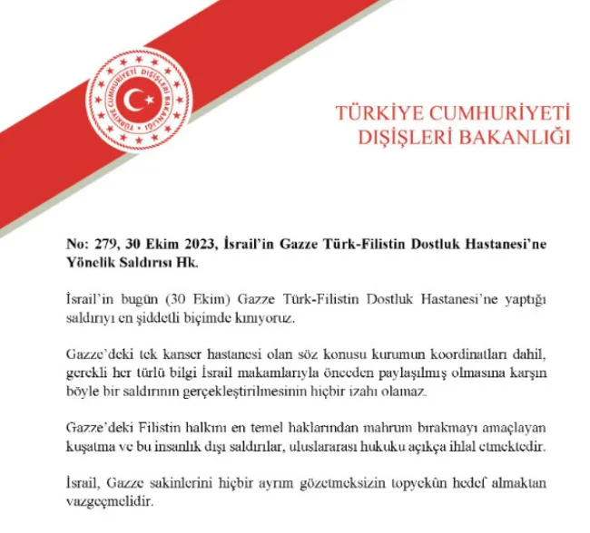 Dışişleri Bakanlığı'ndan İsrail'in hastane saldırısına tepki