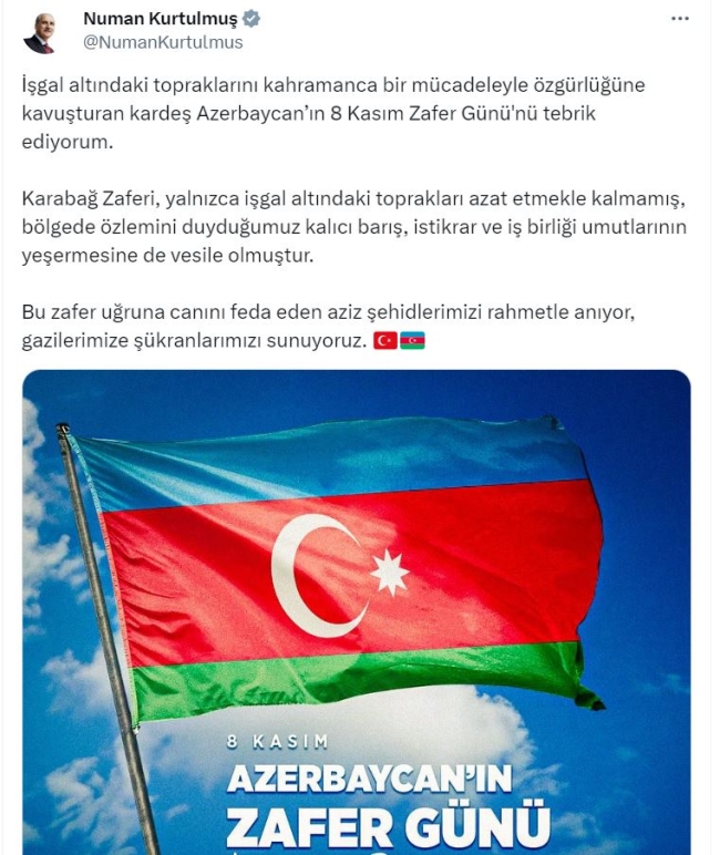 Numan Kurtulmuş'tan 'Karabağ Zaferi' mesajı