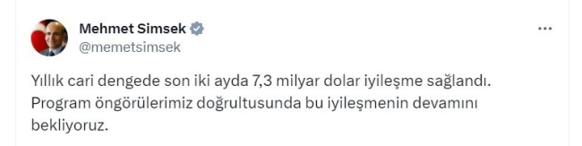 Bakan Şimşek: "Yıllık cari dengede iyileşme sağlandı"