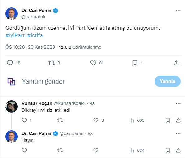 Can Pamir, İYİ Parti'den istifa etti!