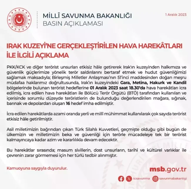 MSB duyurdu! Irak'ın kuzeyine hava harekatı