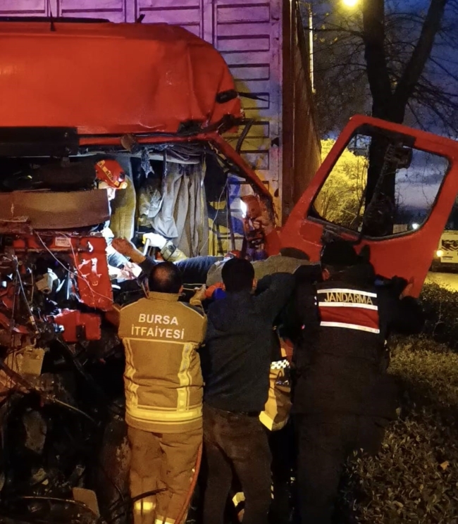 Bursa'da kontrolden çıkan TIR ağaca çarptı