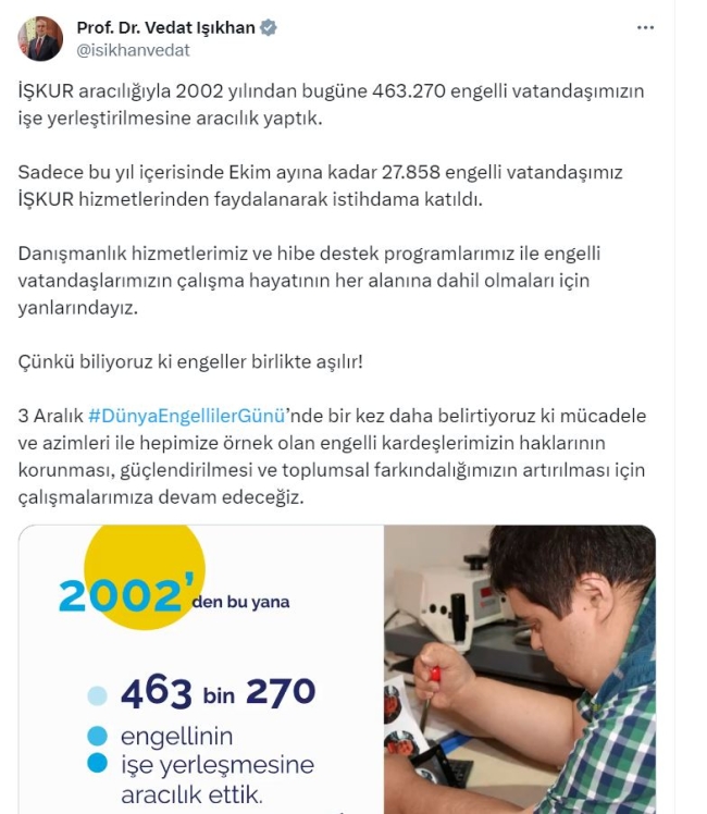 Bakan Işıkhan: "463 bin engelli vatandaşı işe yerleştirdik"