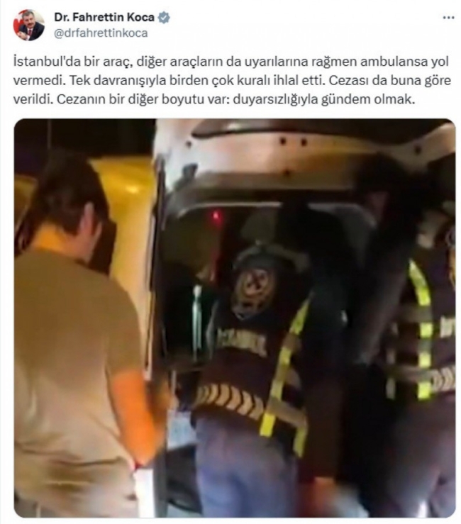 Bakan Koca duyurdu! Ambulansa yol vermeyen sürücü yakalandı