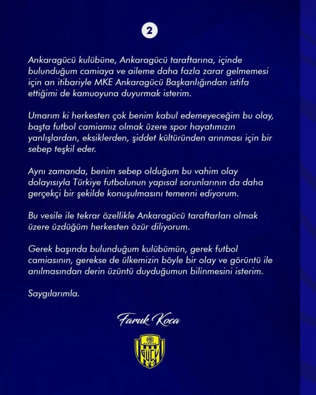 Ankaragücü Başkanı Faruk Koca istifa etti