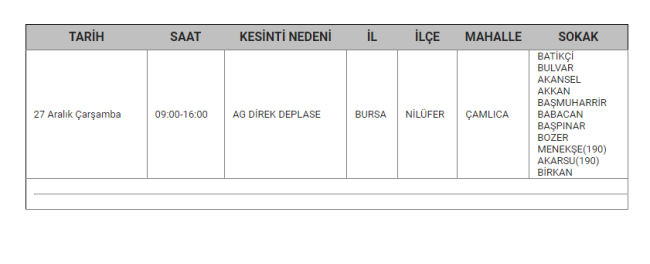 Bursa'da planlı elektrik kesintisi olacak!