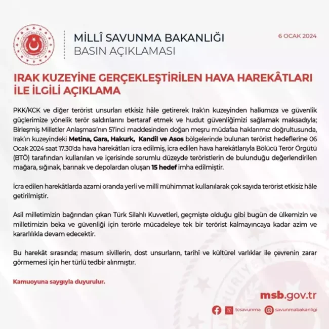 MSB'den Irak'ın kuzeyine operasyon! 15 hedef imha edildi