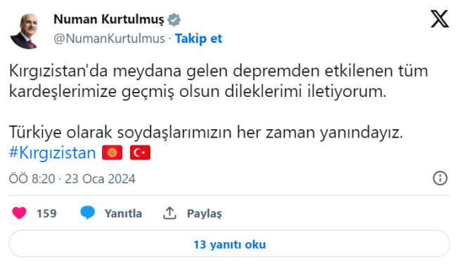 Kurtulmuş'tan Kırgızistan'a geçmiş olsun mesajı