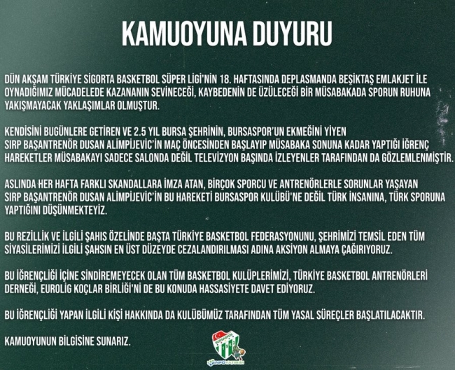 Bursaspor'dan eski koçu Dusan Alimpijevic hakkında sert açıklama!