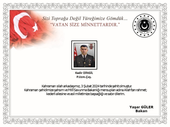 Irak Kuzeyi Harekat bölgesinde bir askerimiz şehit oldu