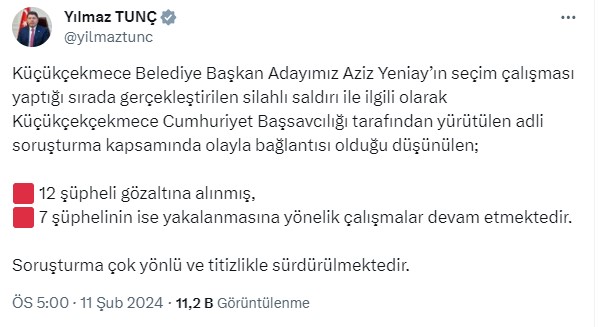 Bakan Tunç'tan Küçükçekmece saldırısı açıklaması!
