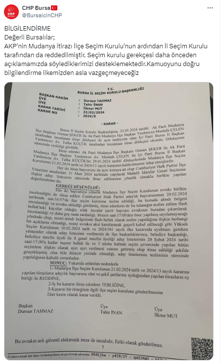 Mudanya'daki liste krizinde İl Seçim Kurulu da itiraza ''Ret'' cevabı verdi