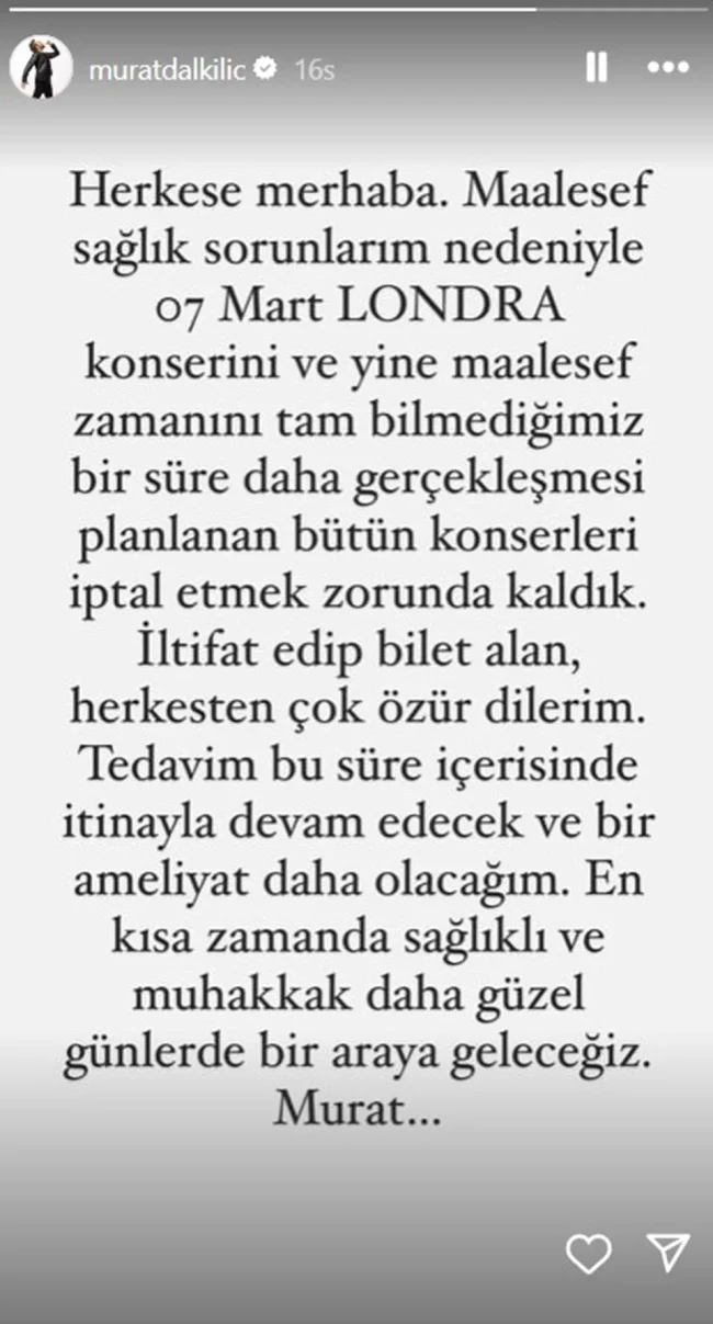 Murat Dalkılıç tüm konserlerini iptal etti