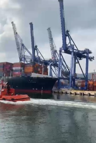 Kocaeli'de geminin çarptığı 3 vinç devrildi