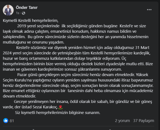 Önder Tanır Kestel'deki seçim sonuçlarına itiraz etti!