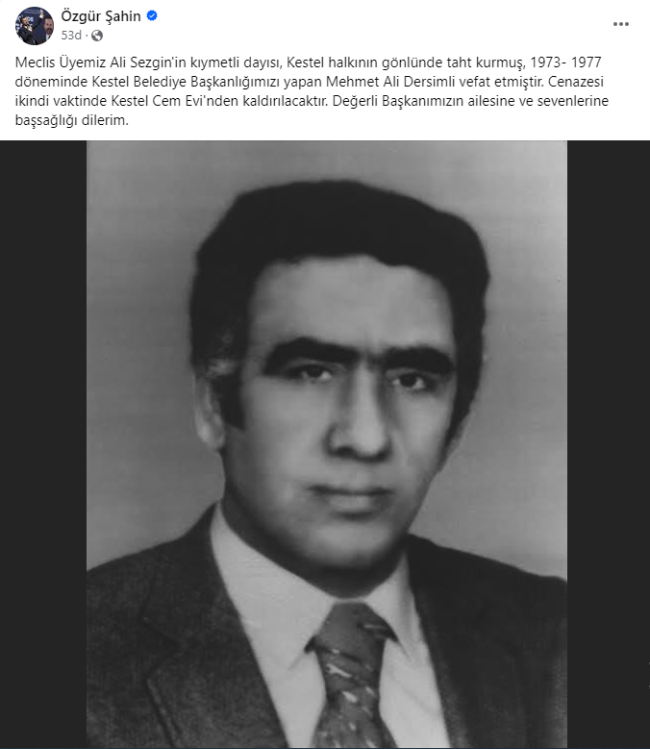 Kestel Belediyesi eski Başkanı Mehmet Ali Dersimli vefat etti
