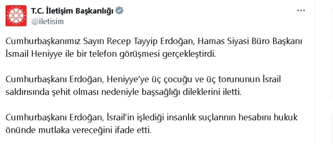 Cumhurbaşkanı Erdoğan'dan taziye telefonu