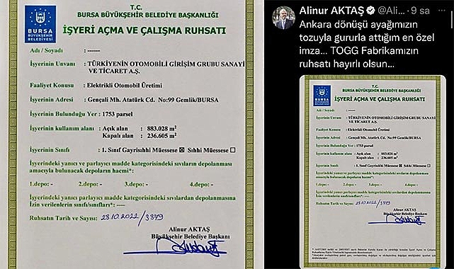 İşte TOGG Otomobil Fabrikası'nın ruhsatı