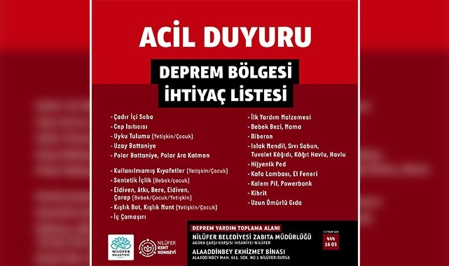 Nilüfer Belediyesi deprem bölgesi için yardım kampanyası başlattı