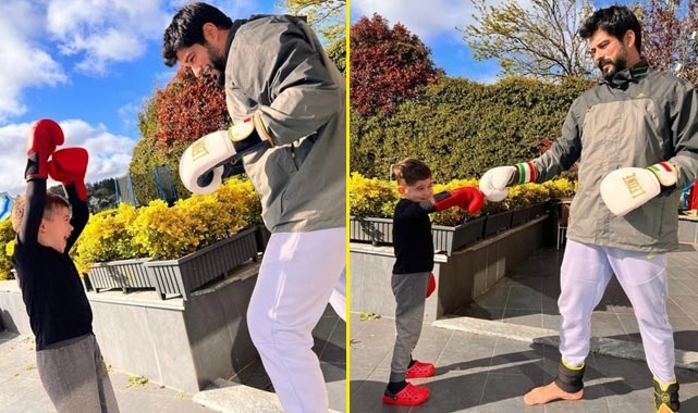 Burak Özçivit, oğlu Karan ile boks yaptı
