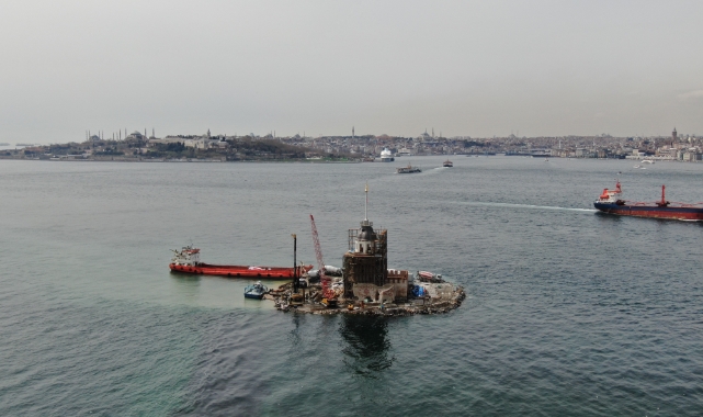 Kız Kulesi'nin ortaya çıkan kubbesi havadan görüntülendi