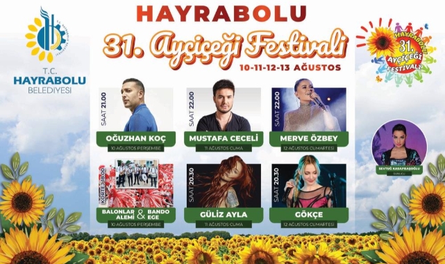 31. Hayrabolu Ayçiçeği Festivali sanatçıları belli oldu