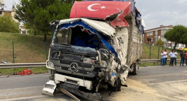 Bariyerlere çarpan kamyon devrildi!