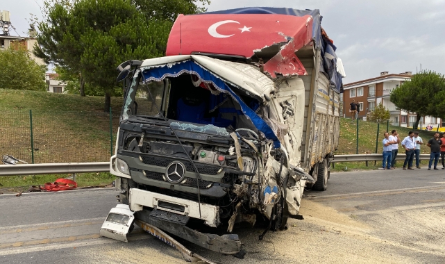 Bariyerlere çarpan kamyon devrildi!