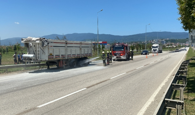Lastiği patlayan TIR'da yangın çıktı
