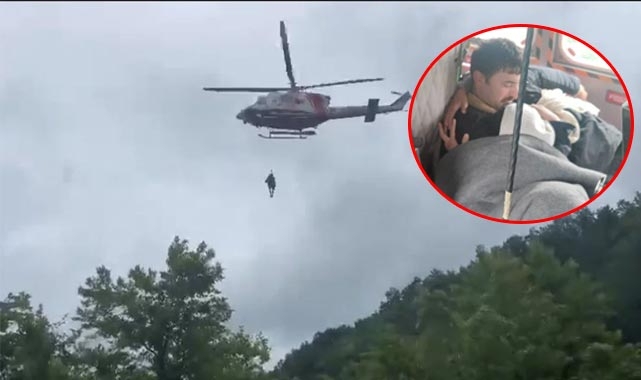 Selde mahsur kalanları helikopter kurtardı